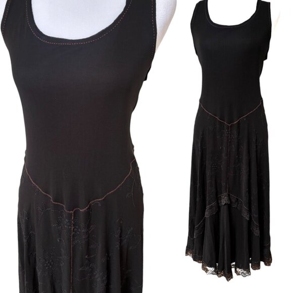 90'S VINTAGE Rozae Nichols Black Lace Whimsy Goth Midi Dress size Medium - Picture 3 of 6